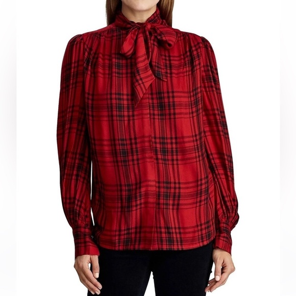 Lauren Ralph Lauren Red Klaryce Plaid Button-Down Blouse Size L NWT - Picture 1 of 16